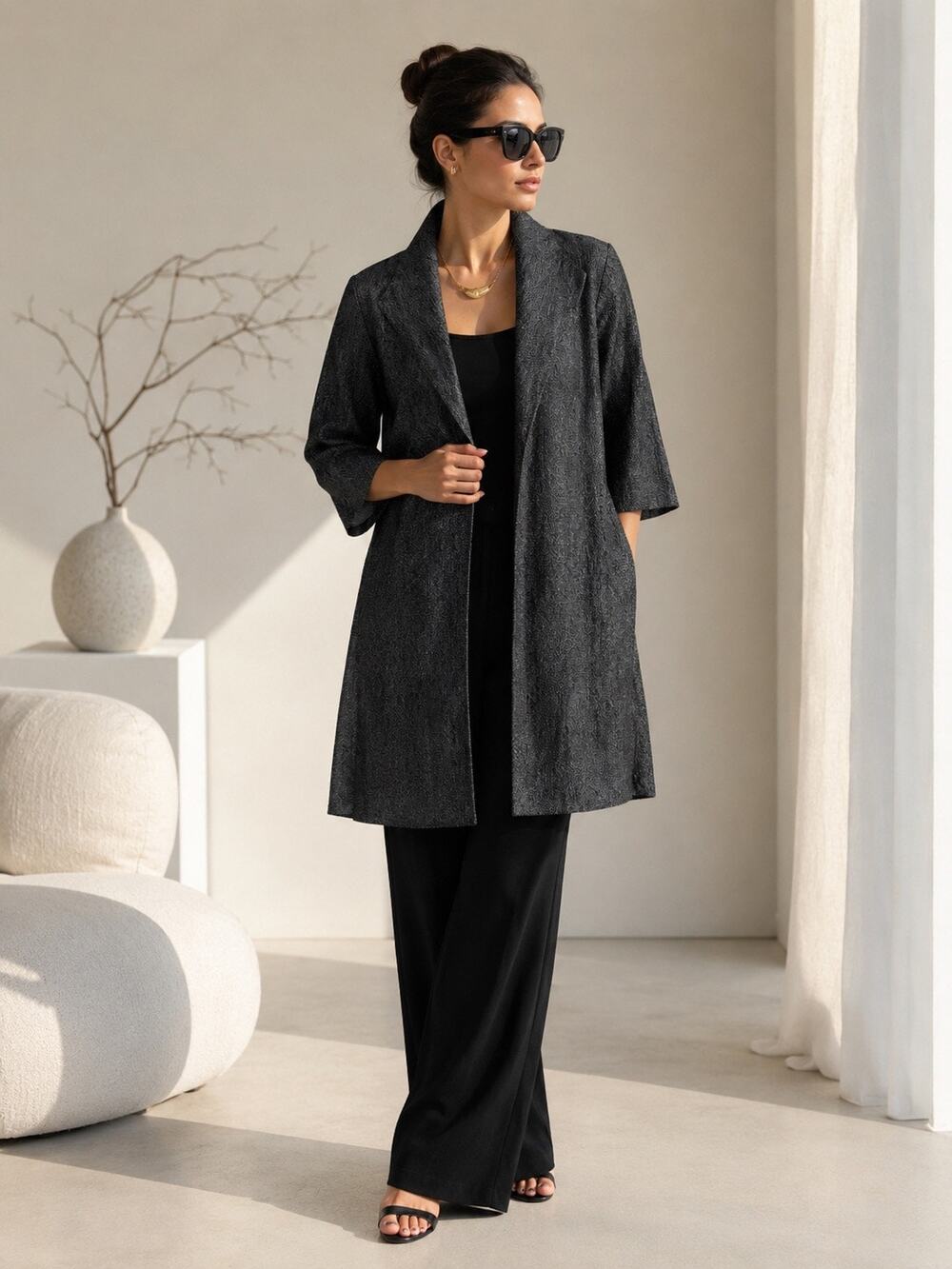 Eileen Fisher XL 45% Silk 100% Silk Lined Long Jacket Duster Italian Fabric Gray